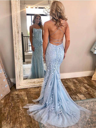 Sexy Backless Blue Lace Mermaid Scoop Long Evening Prom Dresses,Cheap Prom Dresses,PDY0501