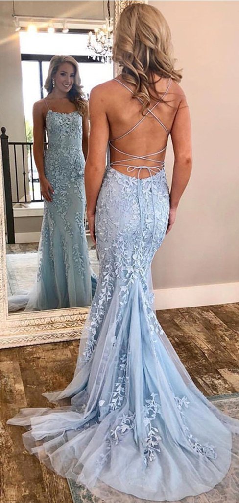 Sexy Backless Blue Lace Mermaid Scoop Long Evening Prom Dresses,Cheap Prom Dresses,PDY0501