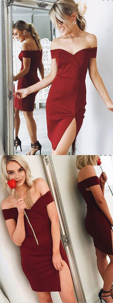 Sheath Off-the-Shoulder Red Satin Homecoming Dresses With Split,Short Prom Dresses,BDY0329