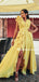 Lovely V-neck A-line Side Slit Chiffon Long Prom Dresses, PDS0256