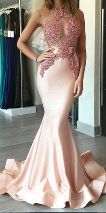 Mermaid Pink Applique Evening DressesWith Ruffles ,Cheap Prom Dresses,PDY0575