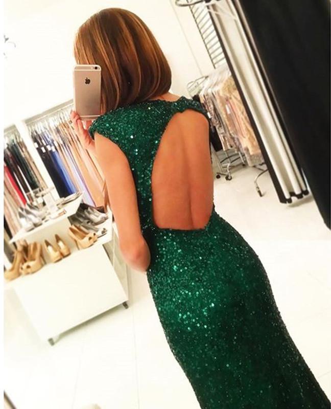 Mermaid Open Back Emerald Green Sequins Evening Dresses ,Cheap Prom Dresses,PDY0580