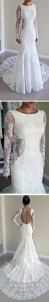 Gorgeous Round Neck Long Sleeve Sexy Mermaid Backless Lace Wedding Party Dresses, WDY0148