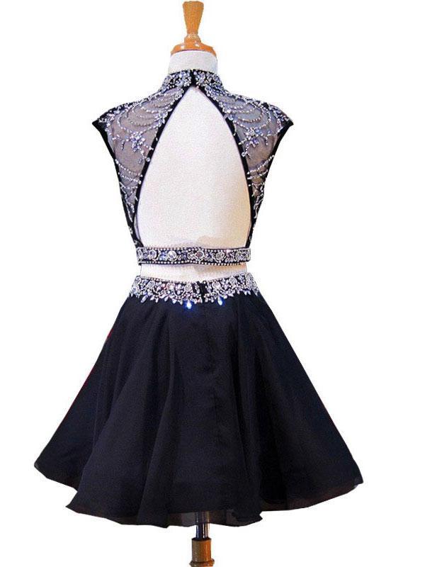 High Neck Beaded Short Two Piece Black Homecoming Dresses 2018, BDY0180
