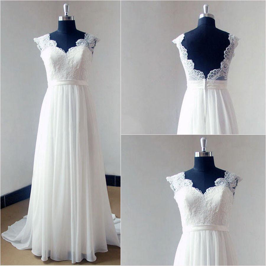 Cap Sleeve V Neck Lace Simple Cheap Beach Wedding Dresses, WDY0190