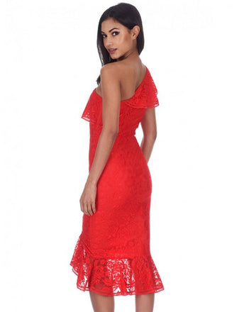 Red One Shoulder Lace Mermaid Short Cheap Homecoming Dresses, HDS0027