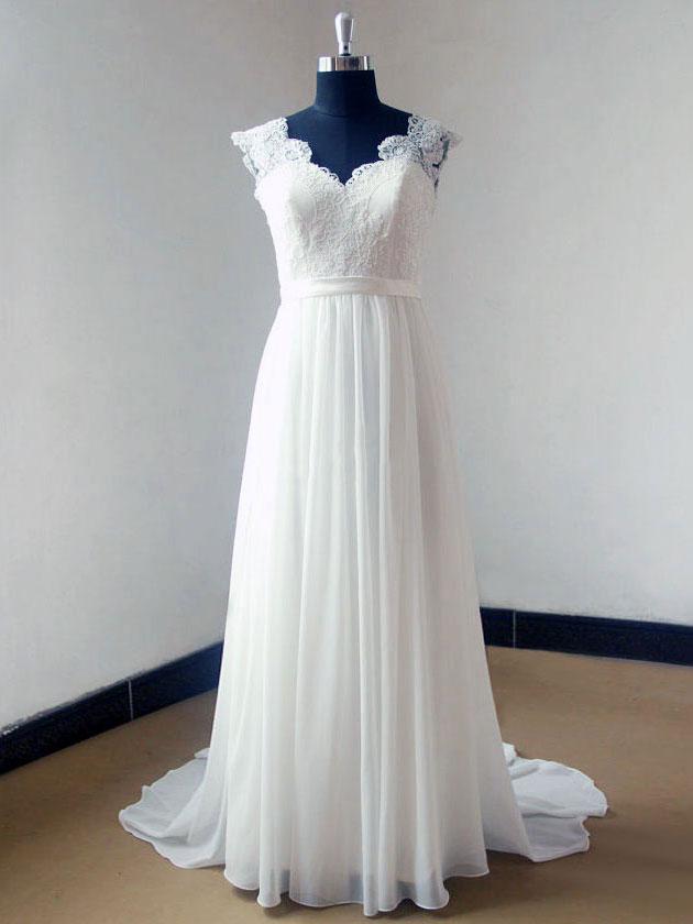 Elegant White Satin Cap Sleeve Rhinestone Wedding Dresses, Sexy V-back Bridal Gown, WDY0137