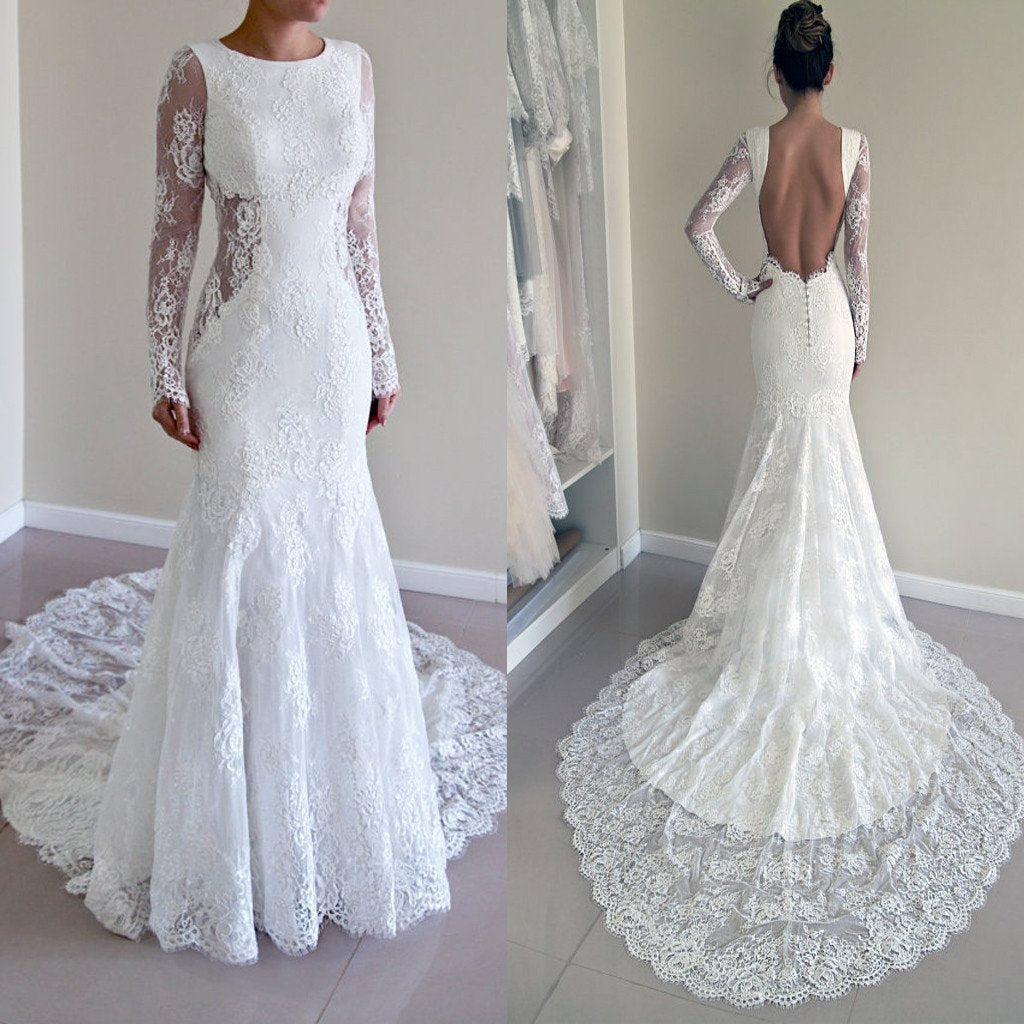 Gorgeous Round Neck Long Sleeve Sexy Mermaid Backless Lace Wedding Party Dresses, WDY0148