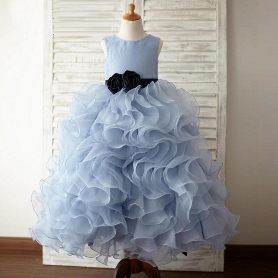 Dusty Blue Organza Floral Flower Girl Dresses With Belt, Little Girl Dresses, FGY0115