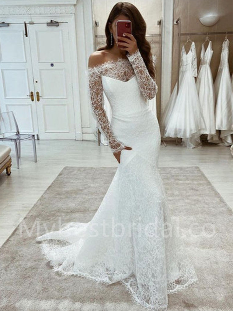 Elegant Off shoulder Long sleeves Mermaid lace applique Wedding Dresses, WDY0288