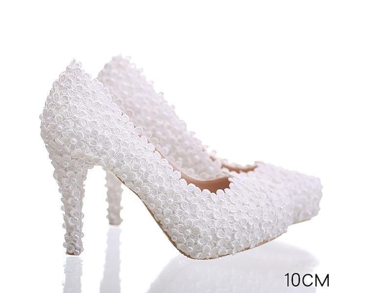 Pearls Lace Pointed Toe White High Heels Wedding Bridal Shoes, SY0124