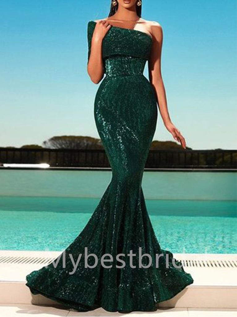 Elegant One-shoulder Mermaid Simple Prom Dresses , PDS0410