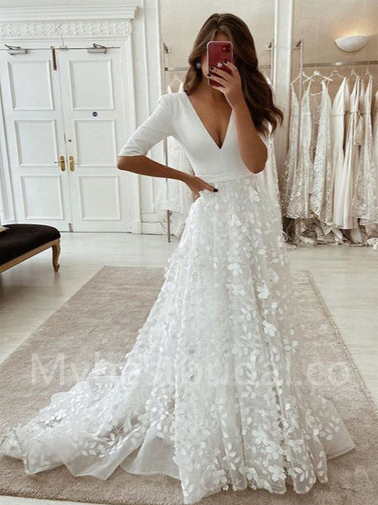 Elegant V-neck Long sleeves A-line Lace applique Wedding Dresses, WDY0296