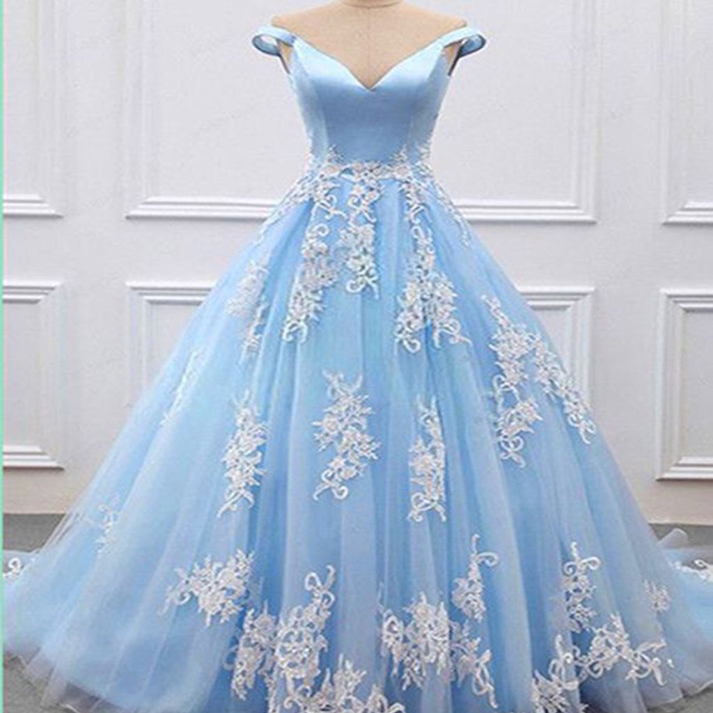 Stylish Blue V Neckline Off Shoulder Long Tulle Senior Prom Dress With Appliques, Fashion Gown. PDY0185