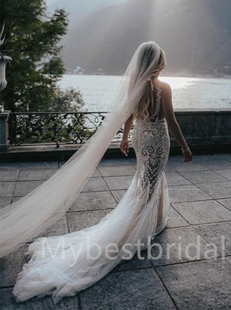 Sexy V-neck Spaghetti straps Mermaid Lace appique Wedding Dresses, WDY0237