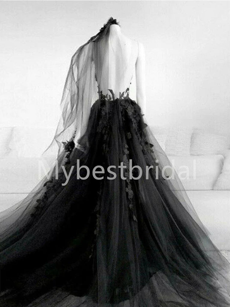 Black V-neck Side slit A-line Lace applique Wedding Dresses, WDY0263