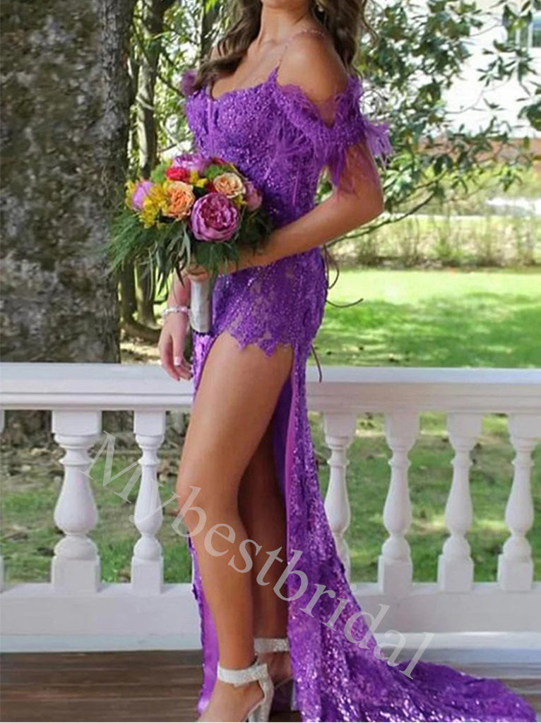 Sexy Off shoulder Sleeveless Side slit Sheath Prom Dresses,PDS0997