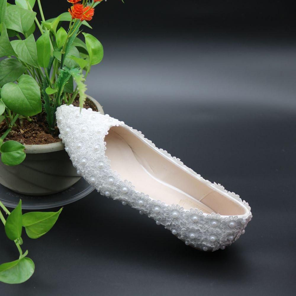 Pregnant Flat Heels Pearls Lace Pointed Toe White Wedding Bridal Shoes, SY0131