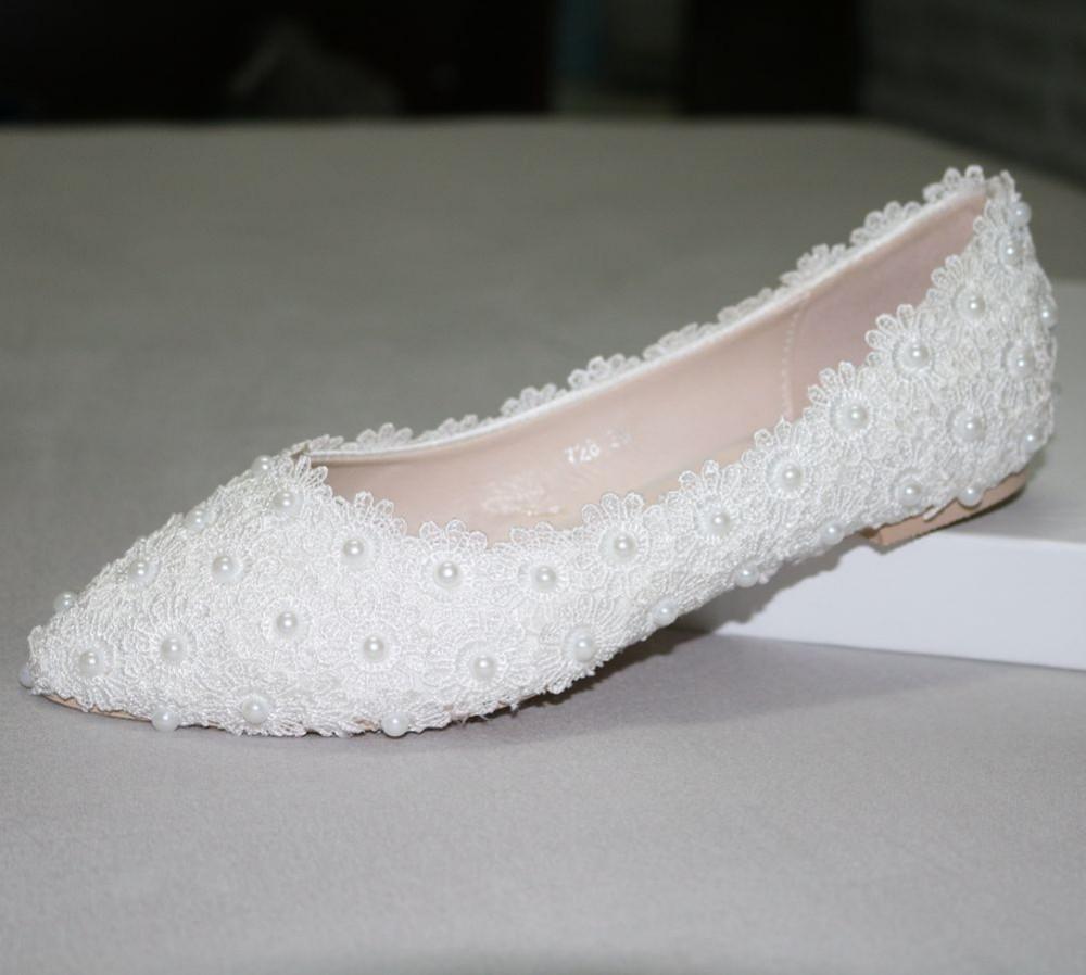 Pregnant Flat Heels Pearls Lace Pointed Toe White Wedding Bridal Shoes, SY0131