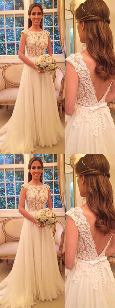 Cap Sleeves V-back White Lace Tulle Long Wedding Dresses, Cheap Wedding Dresses,WDY0130