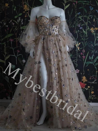 Elegant Off shoulder Sweetheart Side slit A-line Long Prom Dress,PDS1064