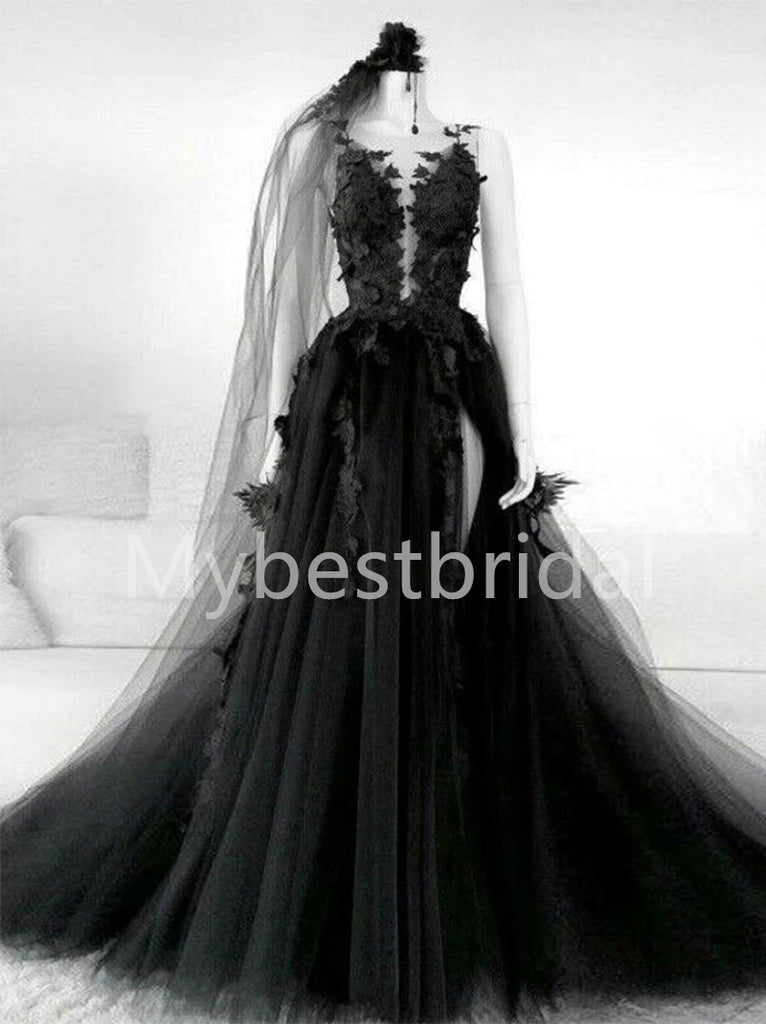 Black V-neck Side slit A-line Lace applique Wedding Dresses, WDY0263