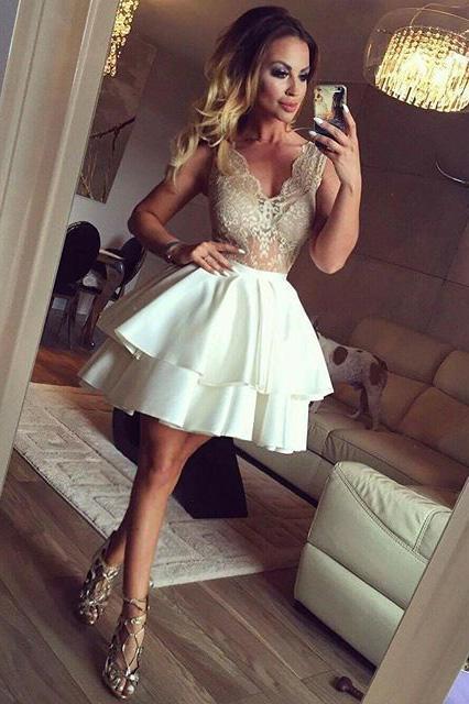 Sexy See Through Lace V Neck Short Cheap Homecoming Dresses Online, BDY0348