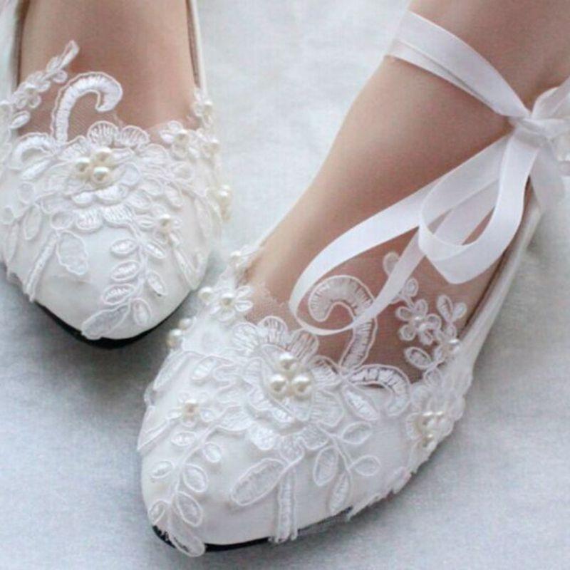 Lace Pearls Pointed Toes Women Wedding Shoes With Ribbons Lace Up, SY0122
