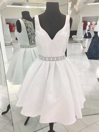 Sexy See Through V Neck Short Rhinestone White Homecoming Dresses 2018, BDY0257