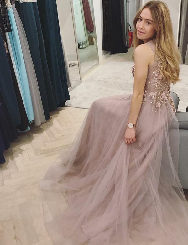 A-line Beaded Jewel Neck Dusty Pink Long Prom Dresses,Cheap Prom Dresses,PDY0531