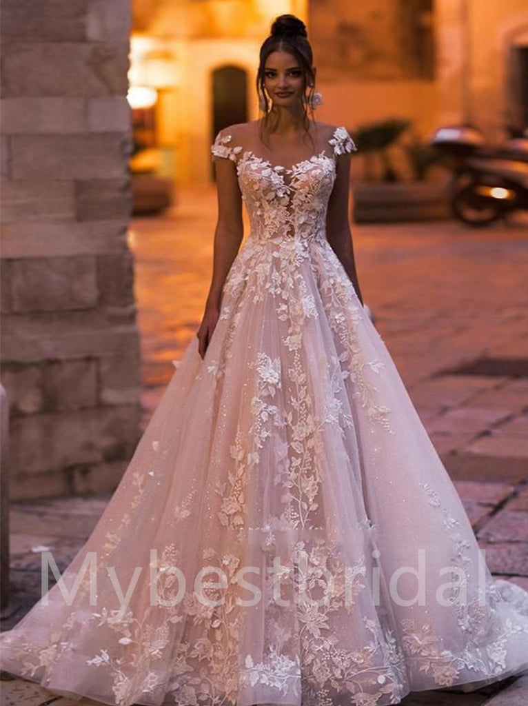 Elegant V-neck Off shoulder A-line Lace applique Wedding Dresses,WDY0319