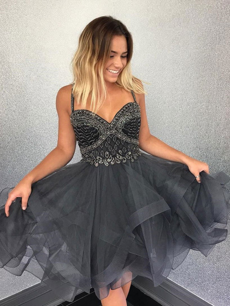 Dark Grey Beaded Spahgetti Straps Short Cheap Homecoming Dresses Online, BDY0276