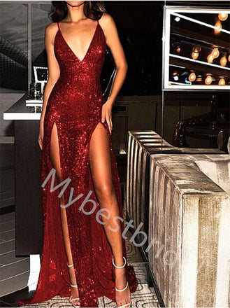 Sexy V-neck Sleeveless Side slit Mermaid Prom Dresses,PDS0740