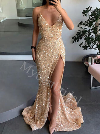 Sexy V-neck Sleeveless Side slit Mermaid Prom Dresses,PDS0876
