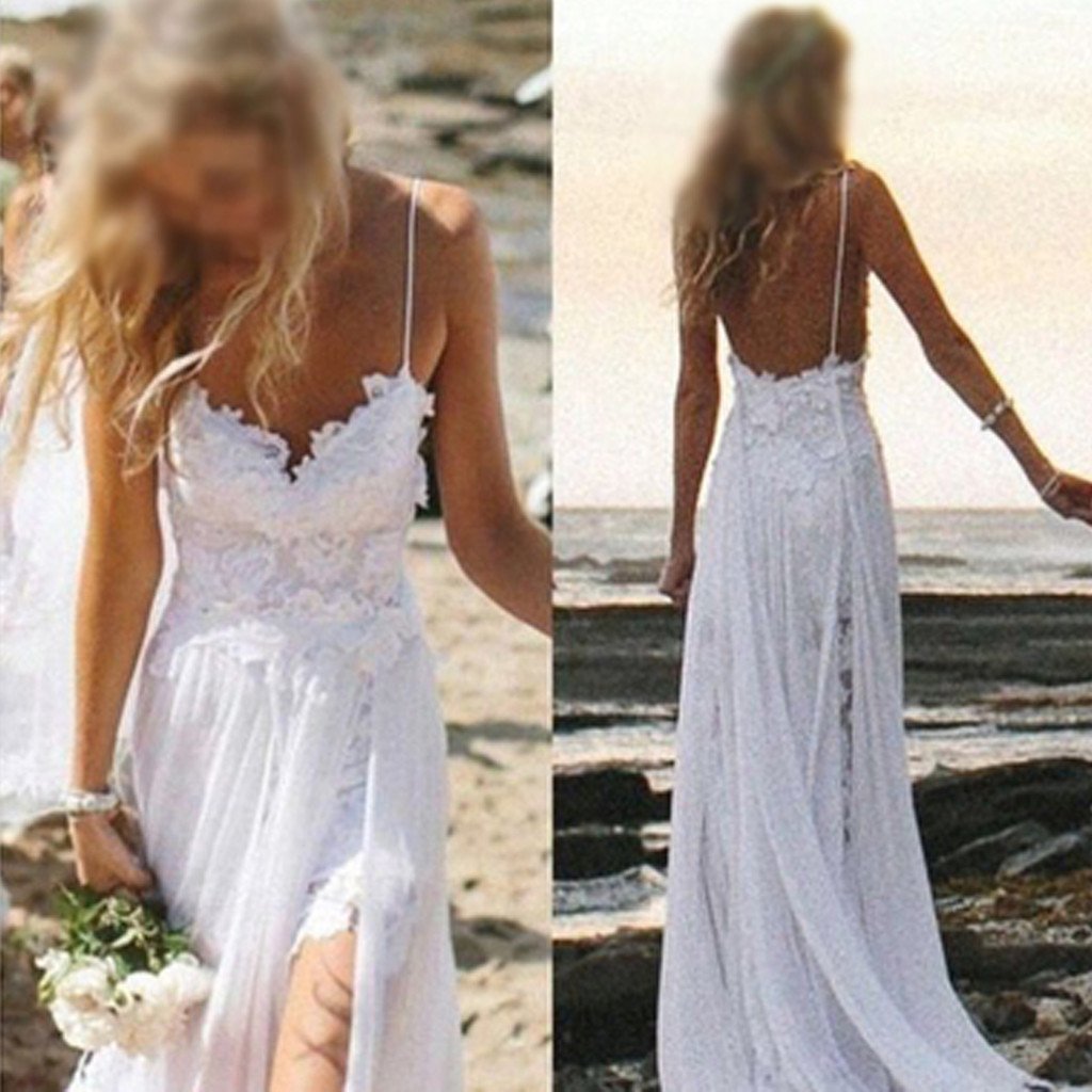 Simple Spaghetti White Lace Side Slit Wedding Dresses For Beach Wedding, WDY0102