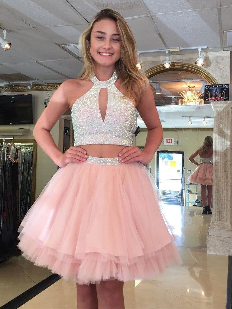 Cute Halter Two Piece Beaded Short Pink Homecoming Dresses 2018, BDY0175