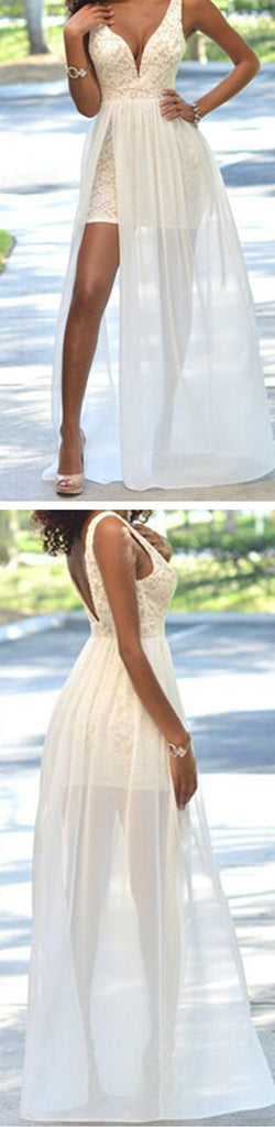 Cheap Popular Simple Ivory Lace Side Slit Chiffon Wedding Party Dresses, WDY0120