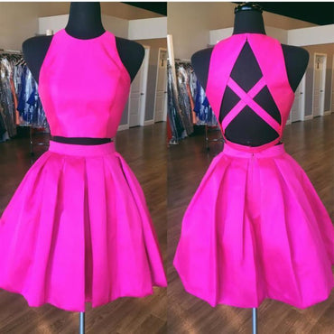 Sexy Open Back Hot Pink Two Piece Simple Cheap Homecoming Dresses 2018,BDY0258