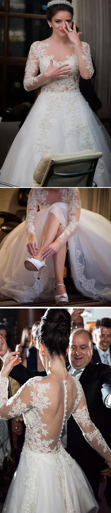 Charming Popular Long Sleeve Lace See Through Wedding Party Dresses, WDY0114