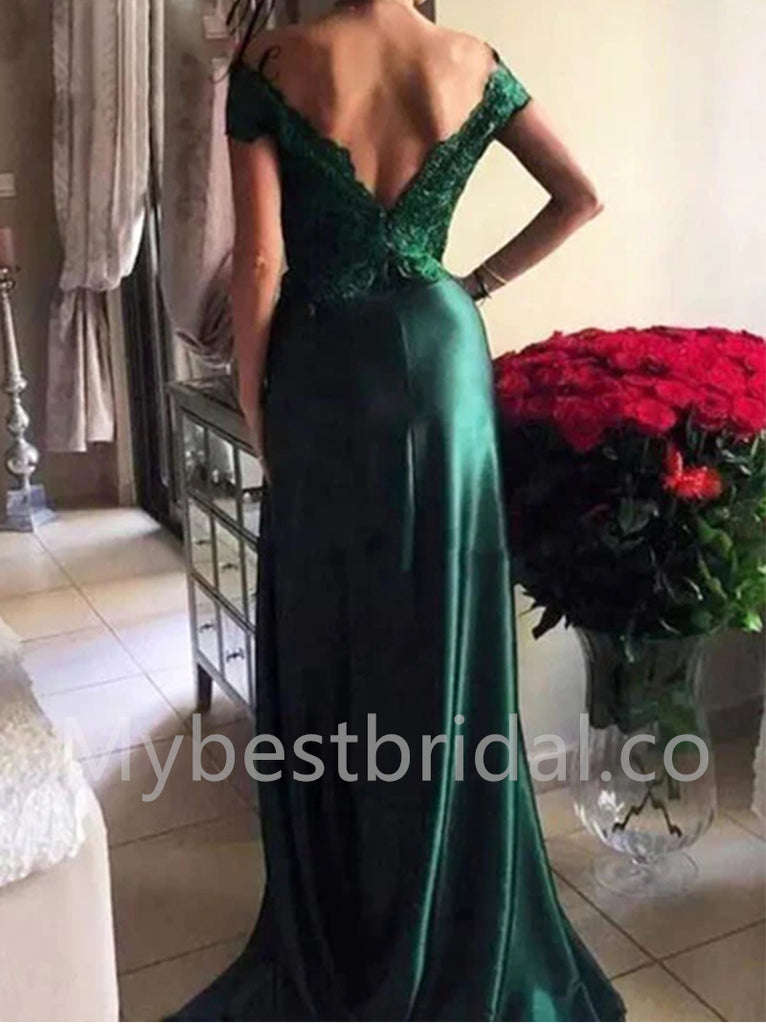 Elegant Off shoulder V-neck Side slit A-line Prom Dresses, PDS0541