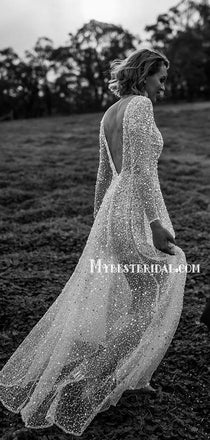 Sparkly V-neck Long Sleeve A-line Open Back Wedding Dresses, TYP0014