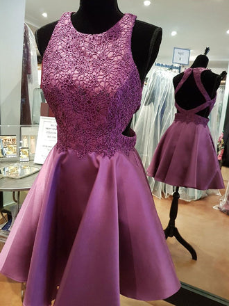 Stunning Purple Lace Applique Homecoming Dresses With Beading,Short Prom Dresses,BDY0166