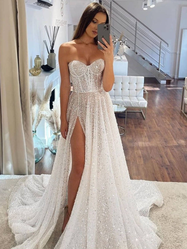 Sexy Sweetheart Unique A-line Side Slit Cheap Dresses For Wedding, WDY0265