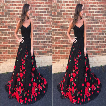 Gorgeous Black Flower Lace Long Customize Prom Dress, Black Evening Dress. PDY0192