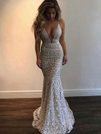 Gorgeous Deep V-Neck Spaghetti Straps Sleeveless Mermaid Long Prom Dresses,PDY0212