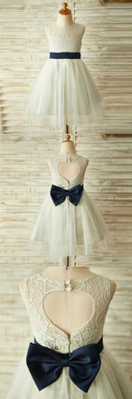 Ivory Beautiful Lace and Tulle Sleeveless Scoop Cheap Flower Girl Dresses with Bow, FGY0131