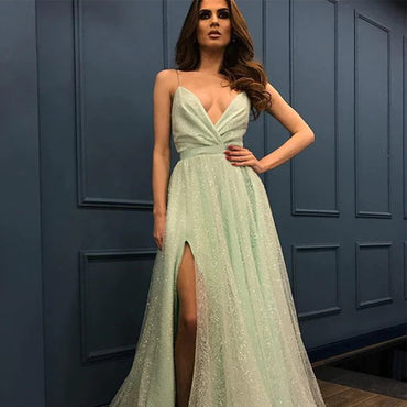 Simple V-Neck Tulle Side Slit Prom Dress Bridal Dress,Party Dresses,PDY0322