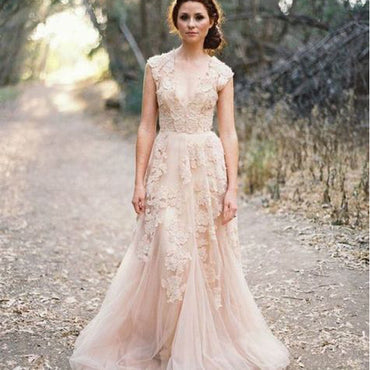 Charming Pink Lace Sexy V-neck Long Sheath Tulle Wedding Party Dresses, WDY0113