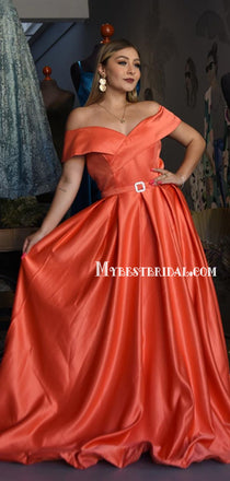 Charming Off-shoulder A-line Satin Simple Long Prom Dresses, PDS0193