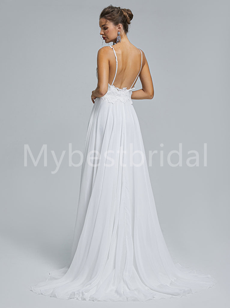 Elegant Spaghetti straps V-neck A-line Lace applique Wedding Dresses, WDY0268